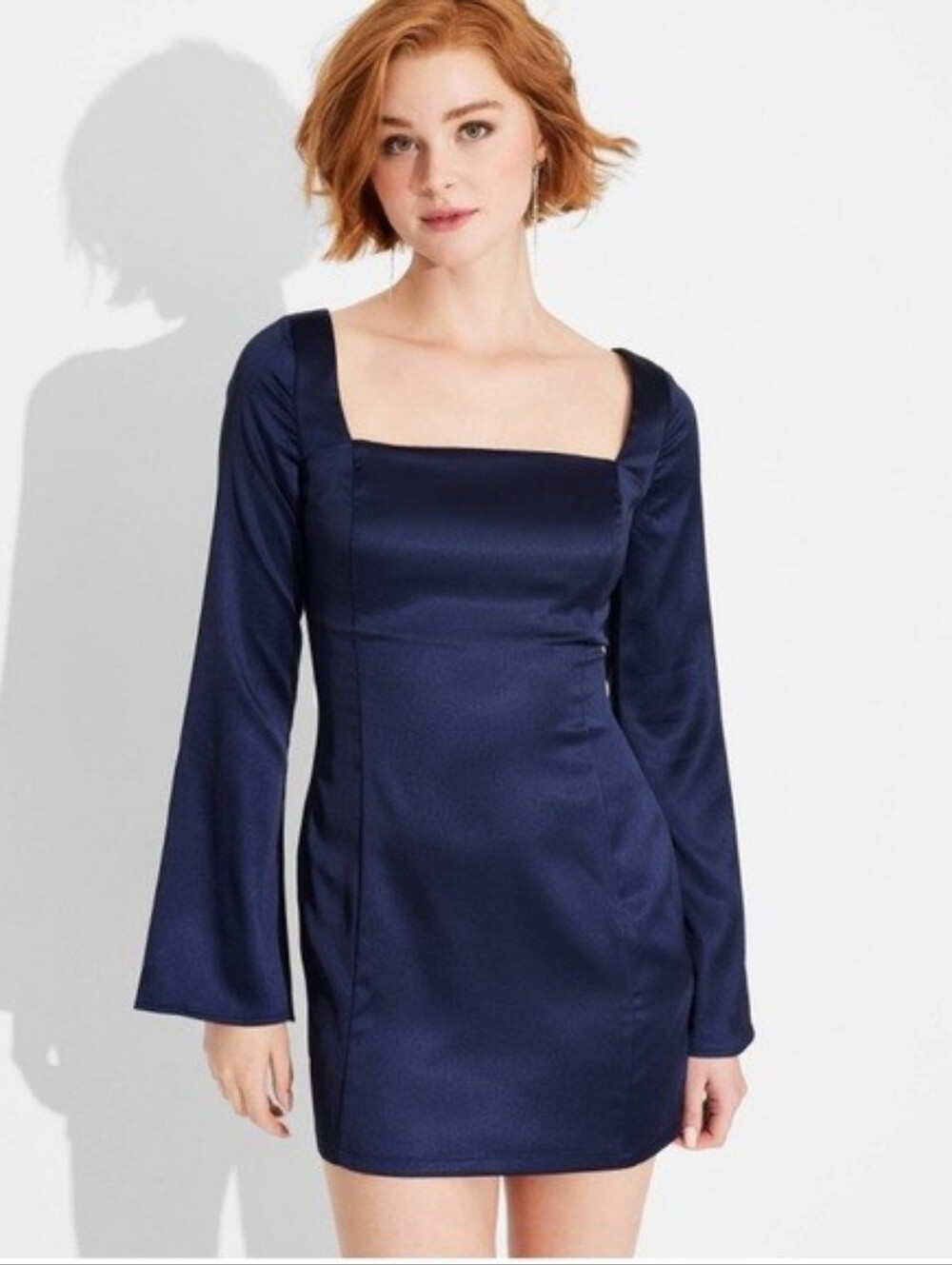 Women's Navy Square Neck Satin Shift Mini Dress Wild Fable NWT Size XS